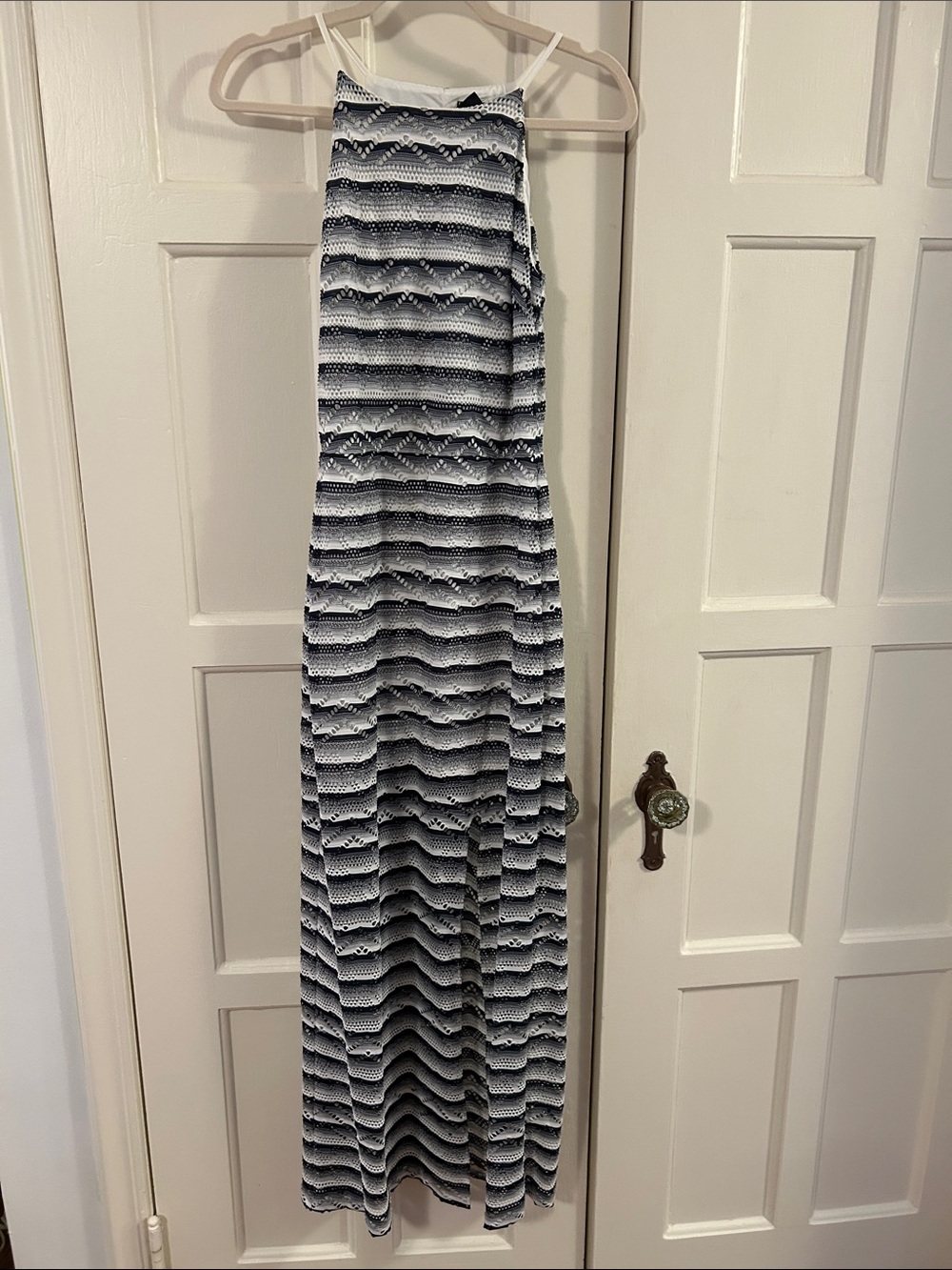 Aqua Navy and White Striped Halter Maxi Dress